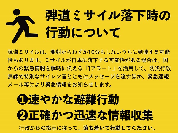 弾道ミサイルは、発射からわずか10分もしないうちに到達する可能性もあります。ミサイルが日本に落下する可能性がある場合は、国からの緊急情報を瞬時に伝える「Jアラート」を活用して、防災行政無線で特別なサイレン音とともにメッセージを流すほか、緊急速報メール等により緊急情報をお知らせします。