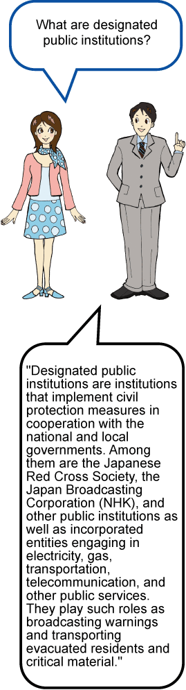 What are designated public institutions? “Designated public institutions are institutions that implement civil protection measures in cooperation with the national and local governments. Among them are the Japanese Red Cross Society, the Japan Broadcasting Corporation (NHK), and other public institutions as well as incorporated entities engaging in electricity, gas, transportation, telecommunication, and other public services. They play such roles as broadcasting warnings and transporting evacuated residents and critical material.”