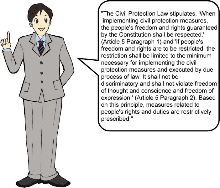 “The Civil Protection Law stipulates, ‘When implementing civil protection measures, the people’s freedom and rights guaranteed by the Constitution shall be respected.’ (Article 5 Paragraph 1) and ‘if people’s freedom and rights are to be restricted, the restriction shall be limited to the minimum necessary for implementing the civil protection measures and executed by due process of law. It shall not be discriminatory and shall not violate freedom of thought and conscience and freedom of expression.’ (Article 5 Paragraph 2). Based on this principle, measures related to people’s rights and duties are restrictively prescribed.”