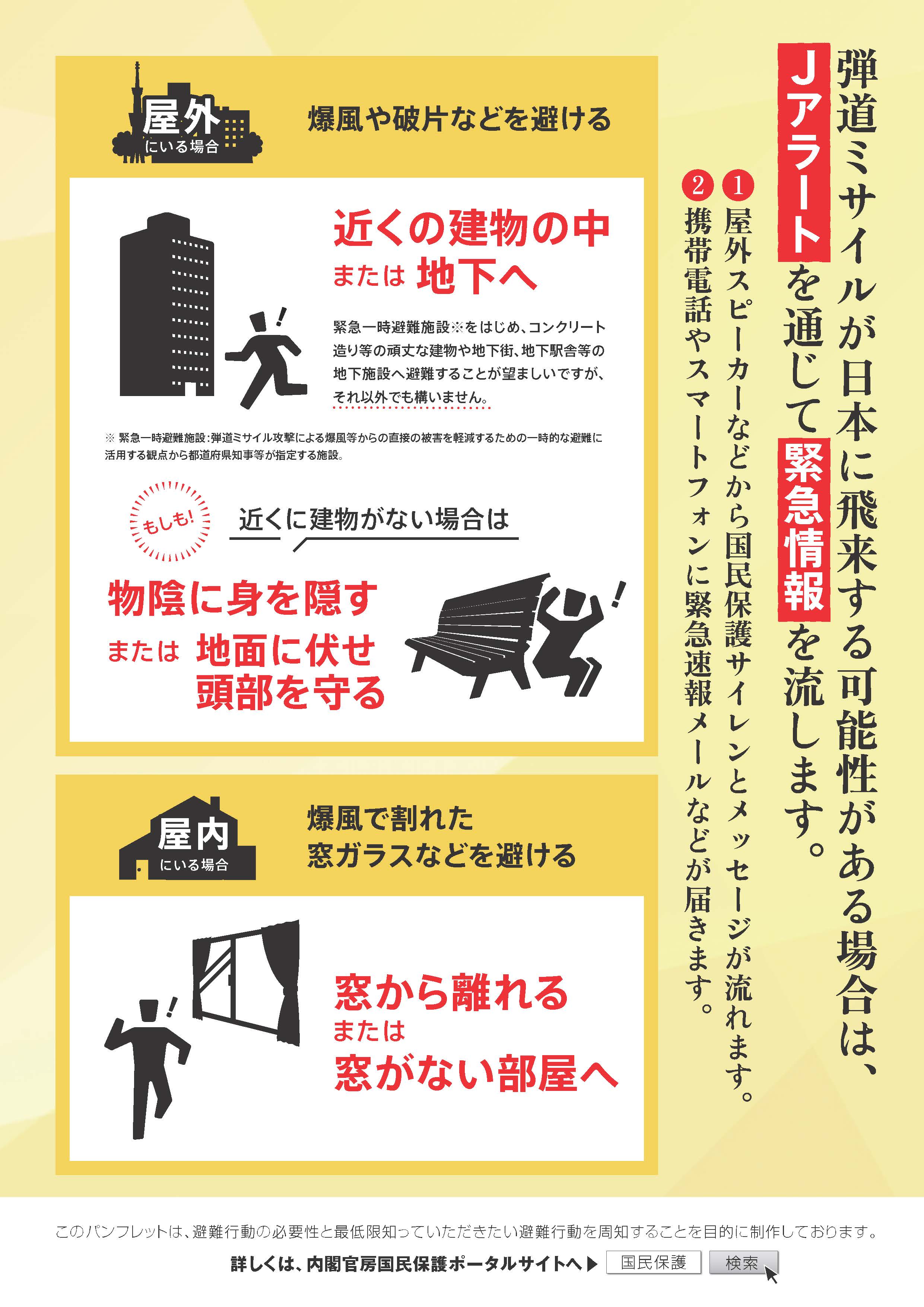 爆風や破片などから身を守るため、状況に応じた避難行動をとることが大切です。弾道ミサイルが日本に飛来する可能性がある場合には、Jアラートを通じて緊急情報を流します。
