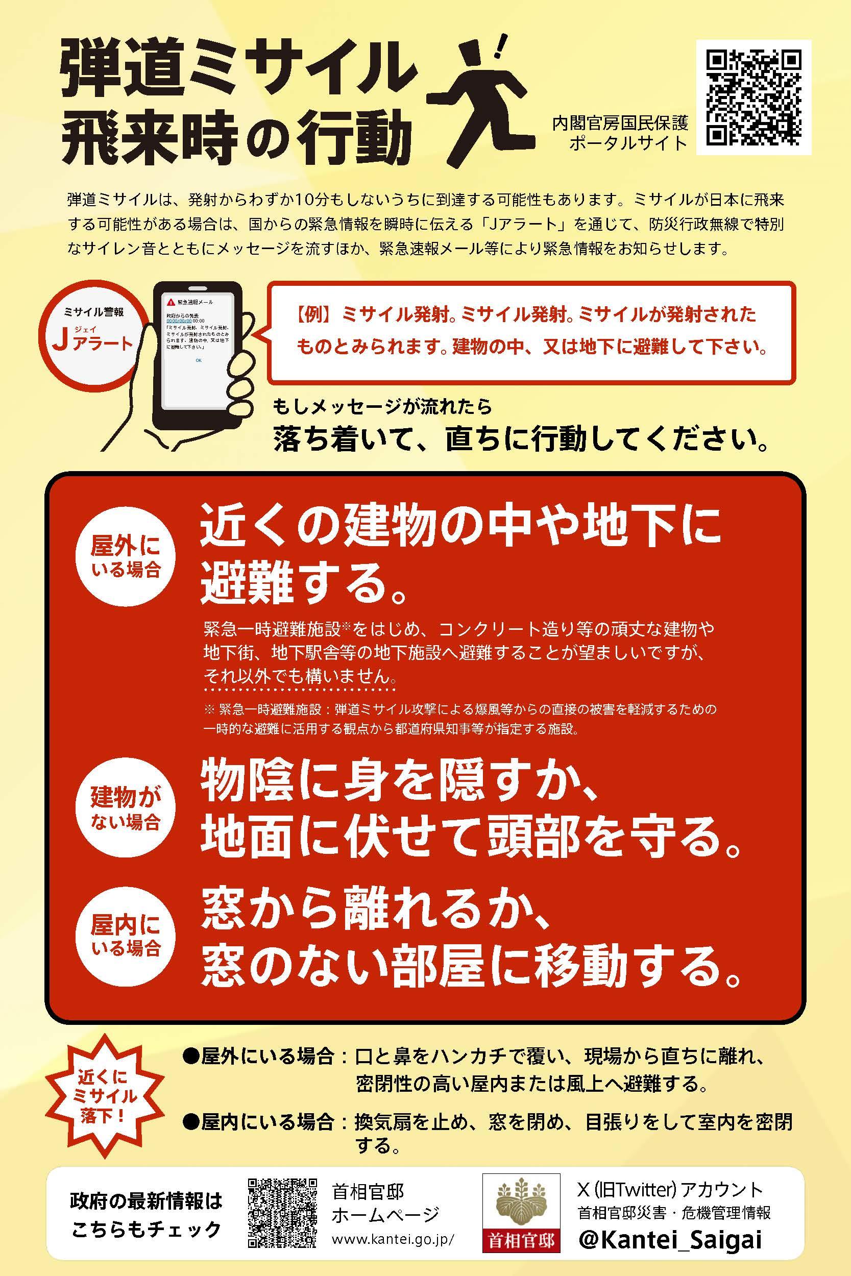 弾道ミサイルは、発射からわずか10分もしないうちに到達する可能性もあります。ミサイルが日本に飛来する可能性がある場合は、国からの緊急情報を瞬時に伝える「Jアラート」を活用して、防災行政無線で特別なサイレン音とともにメッセージを流すほか、緊急速報メール等により緊急情報をお知らせします。国民保護ポータルサイト　武力攻撃やテロなどから身を守るために　事前に確認しておきましょう。http://www.kokuminhogo.go.jp/shiryou/hogo_manual.html